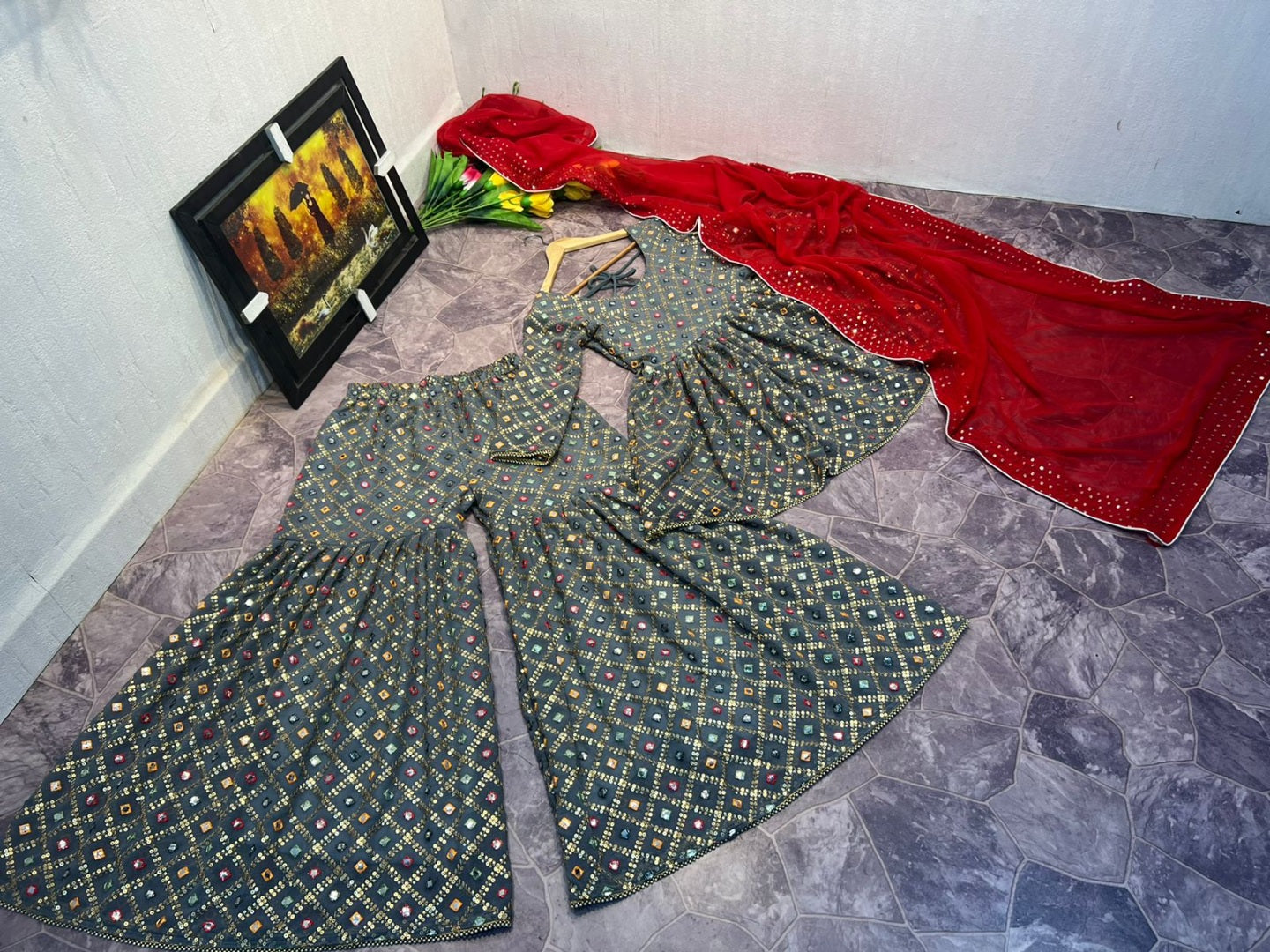 Grey georgette heavy embroidered work sharara suit