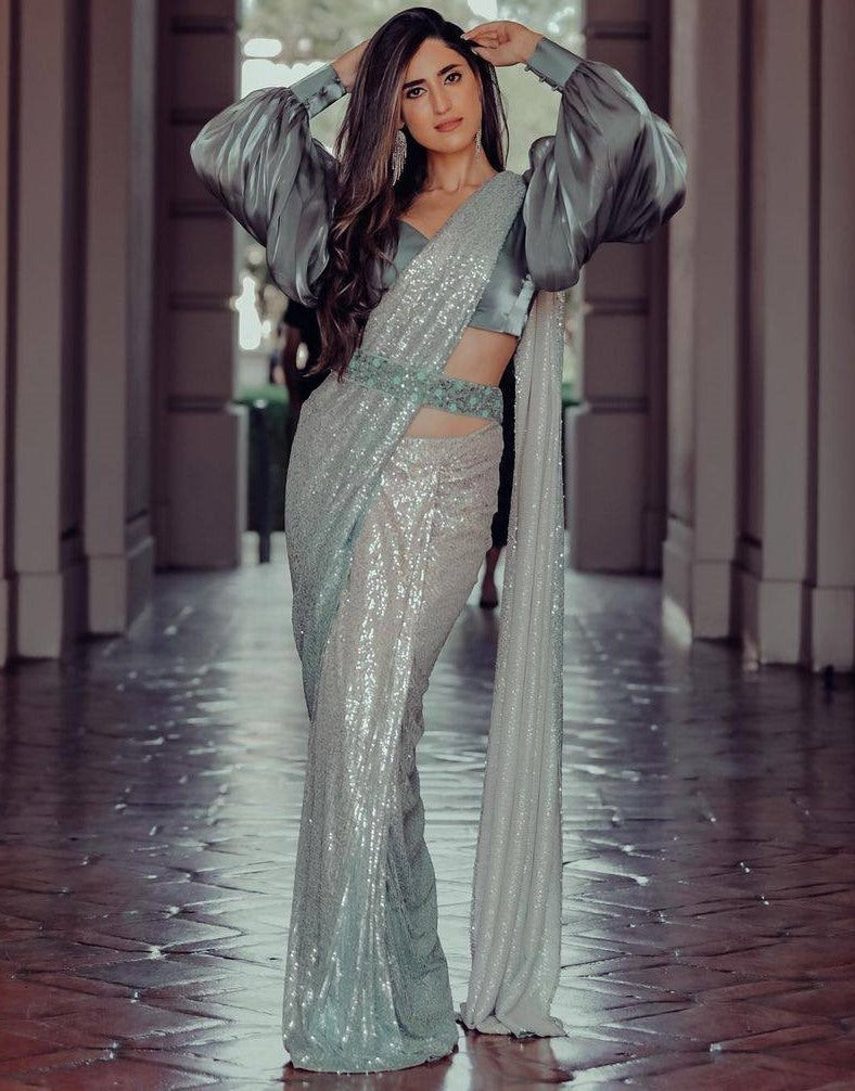 Grey georgette heavy sequence work designer party wear saree
