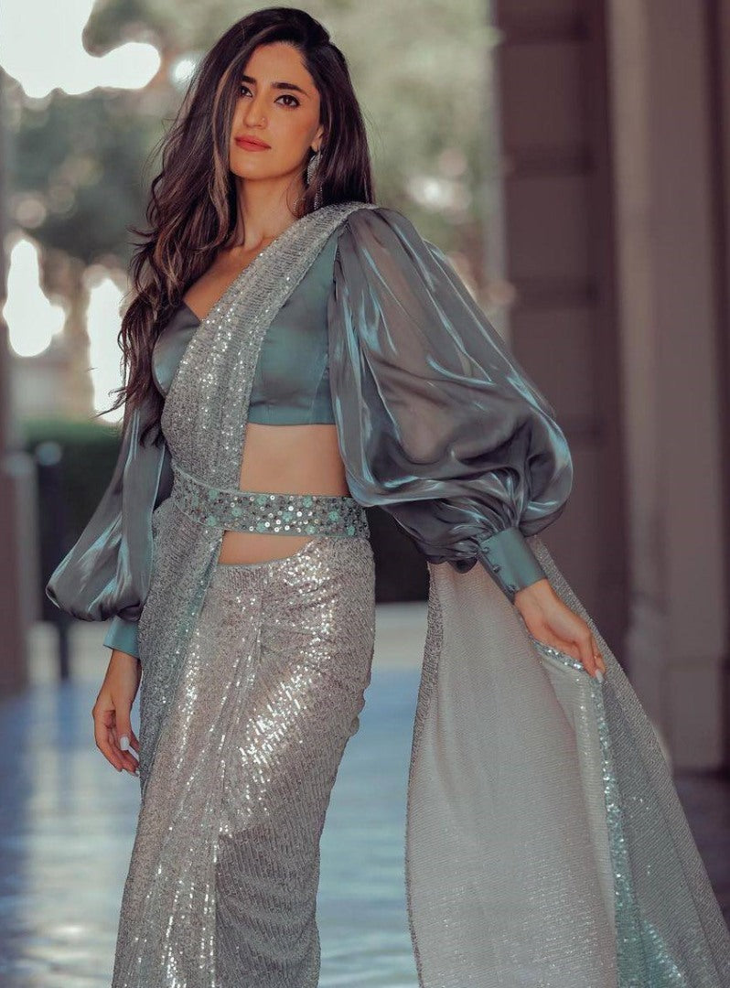 Grey georgette heavy sequence work designer party wear saree