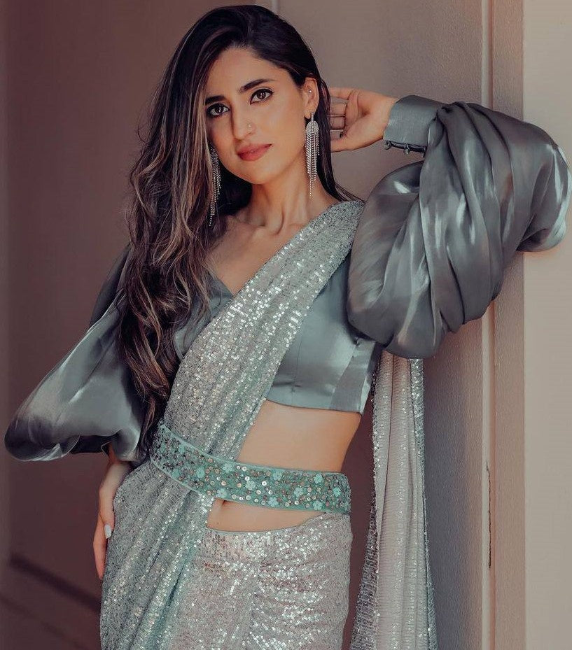 Grey georgette heavy sequence work designer party wear saree