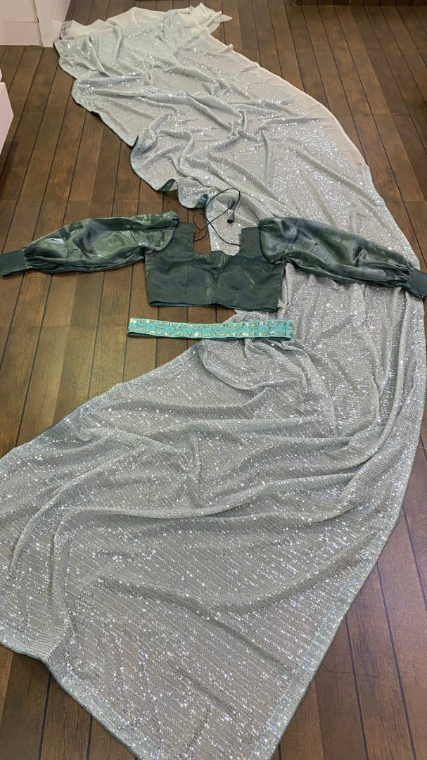 Grey georgette heavy sequence work designer party wear saree