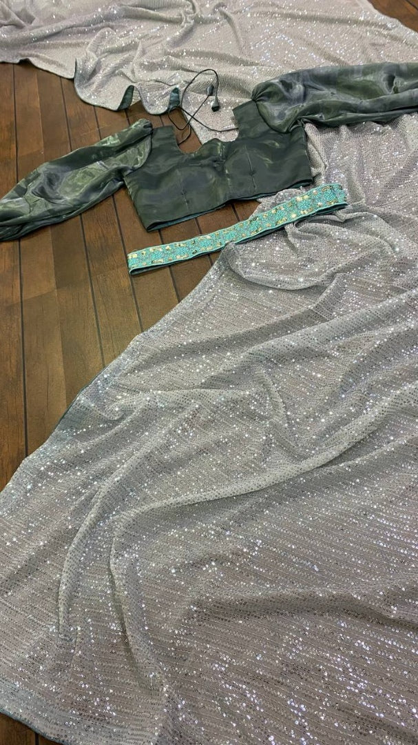 Grey georgette heavy sequence work designer party wear saree