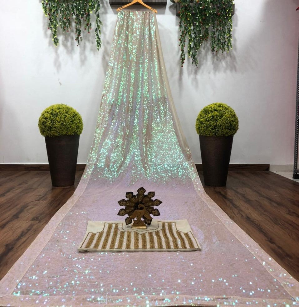 Grey georgette heavy sequence work saree