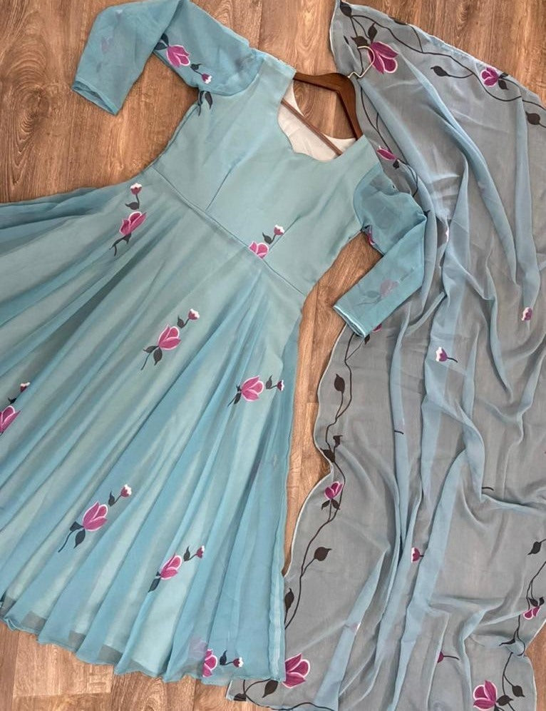 Grey georgette printed umbrella flair party wear gown