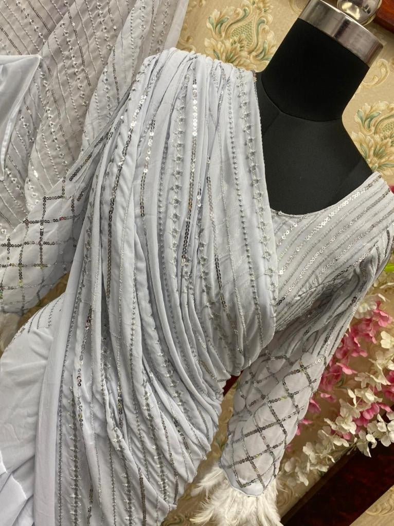 Grey georgette sequence embroidered work party wear saree