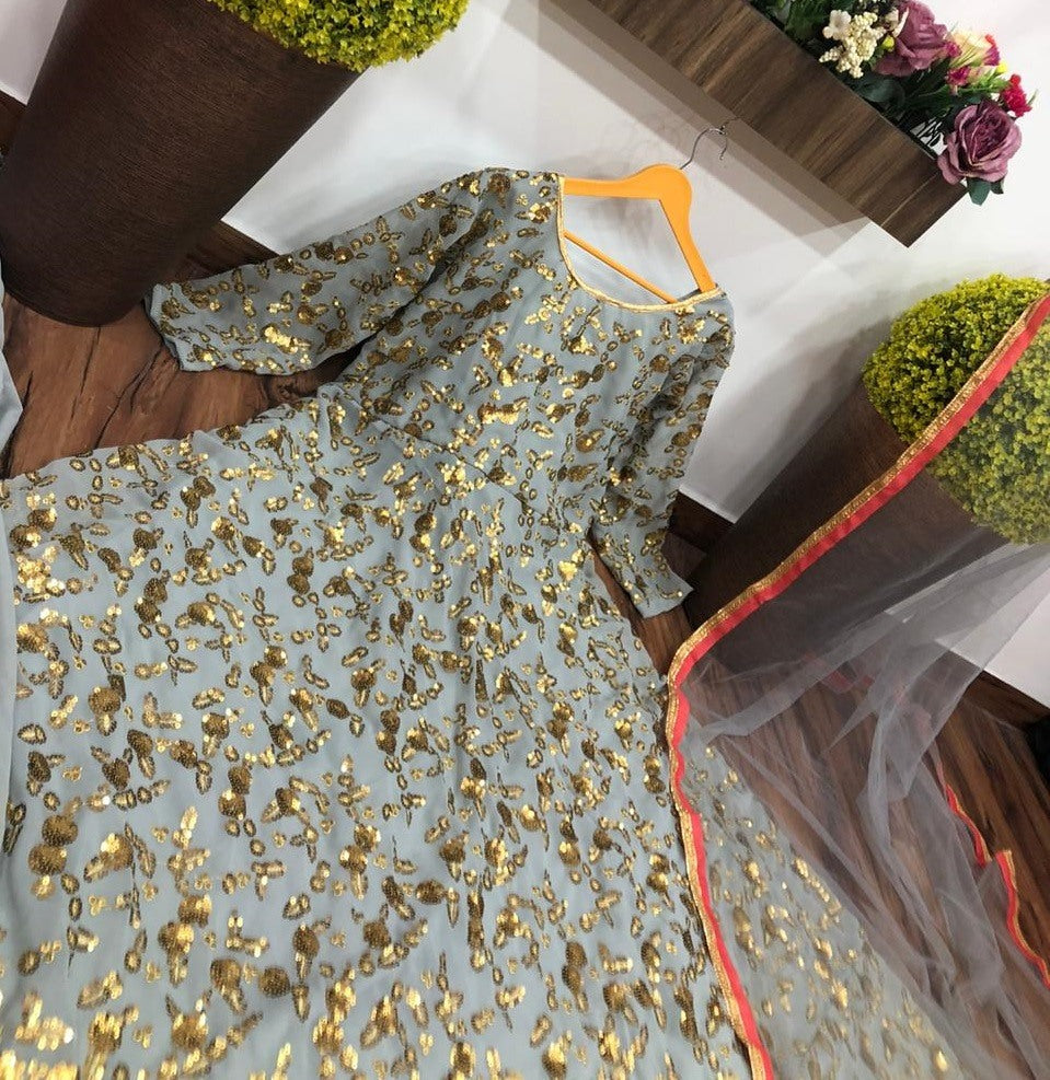 Grey georgette sequence work sharara anarkali suit