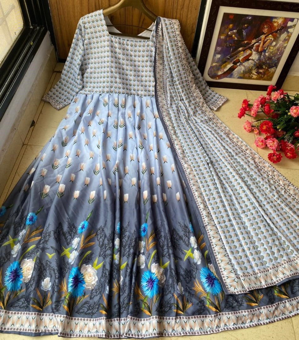 Grey heavy butter silk digital printed work party wear anarkali gown