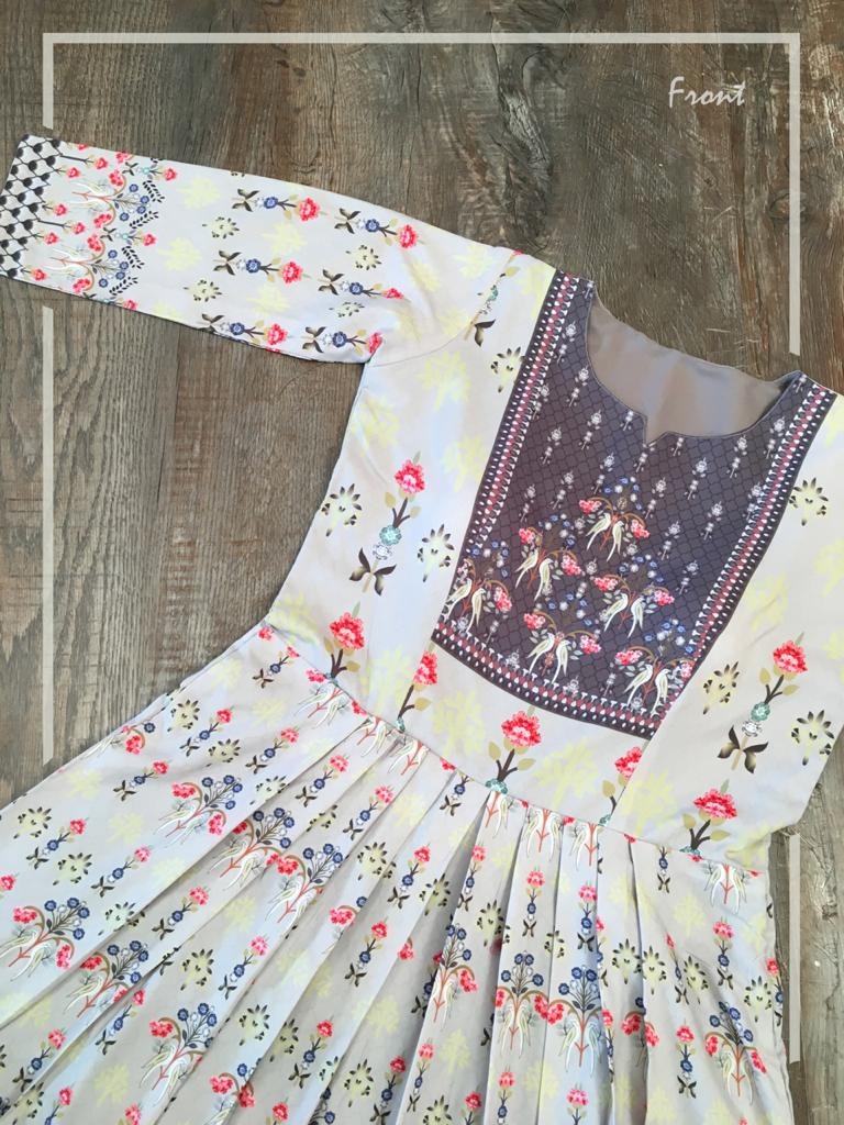 Grey heavy maslin cotton printed gown