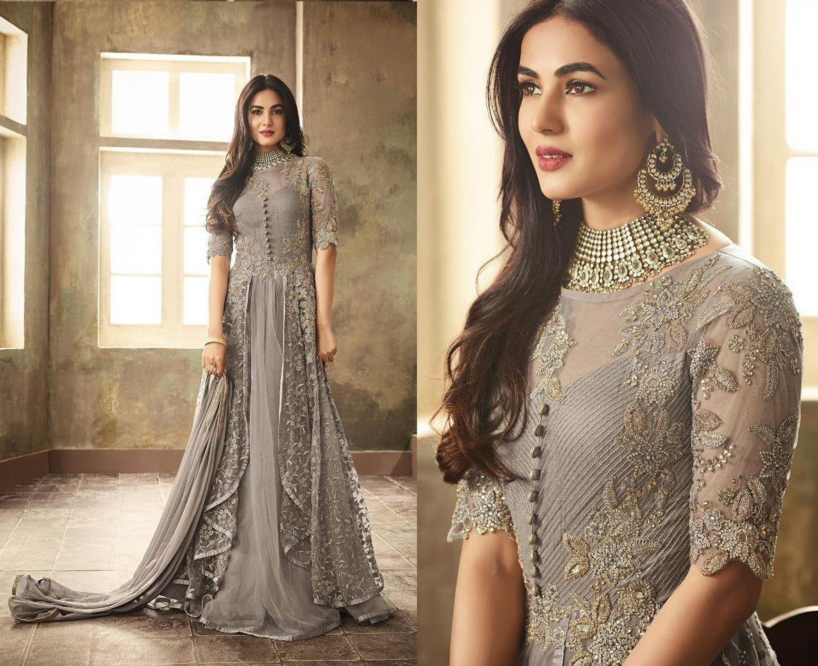 Grey heavy net embroidery and stone worked designer gown with dupatta