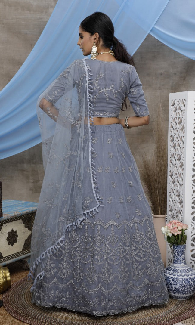 Grey heavy net sequence embroidered wedding lehenga choli