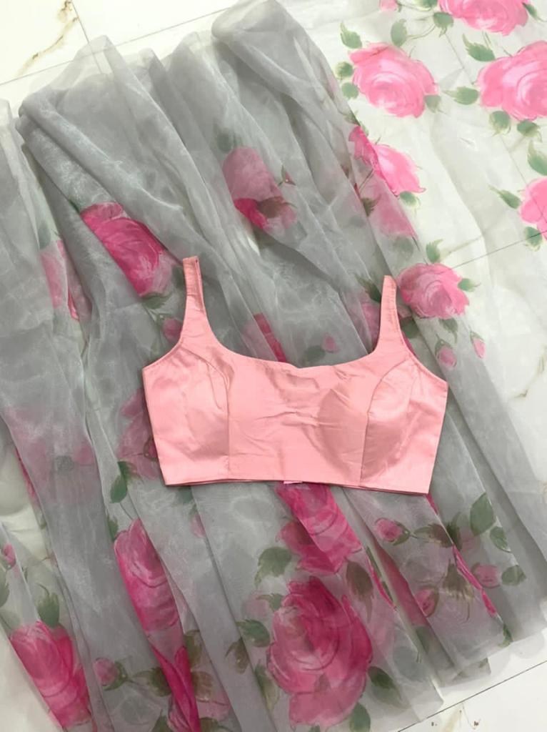 Grey heavy organza digital flower printed work saree