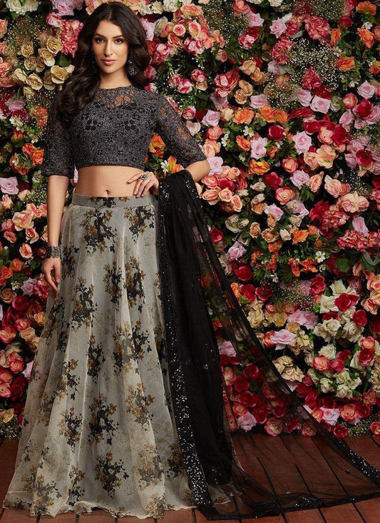 grey heavy orgenza silk printed lehenga choli
