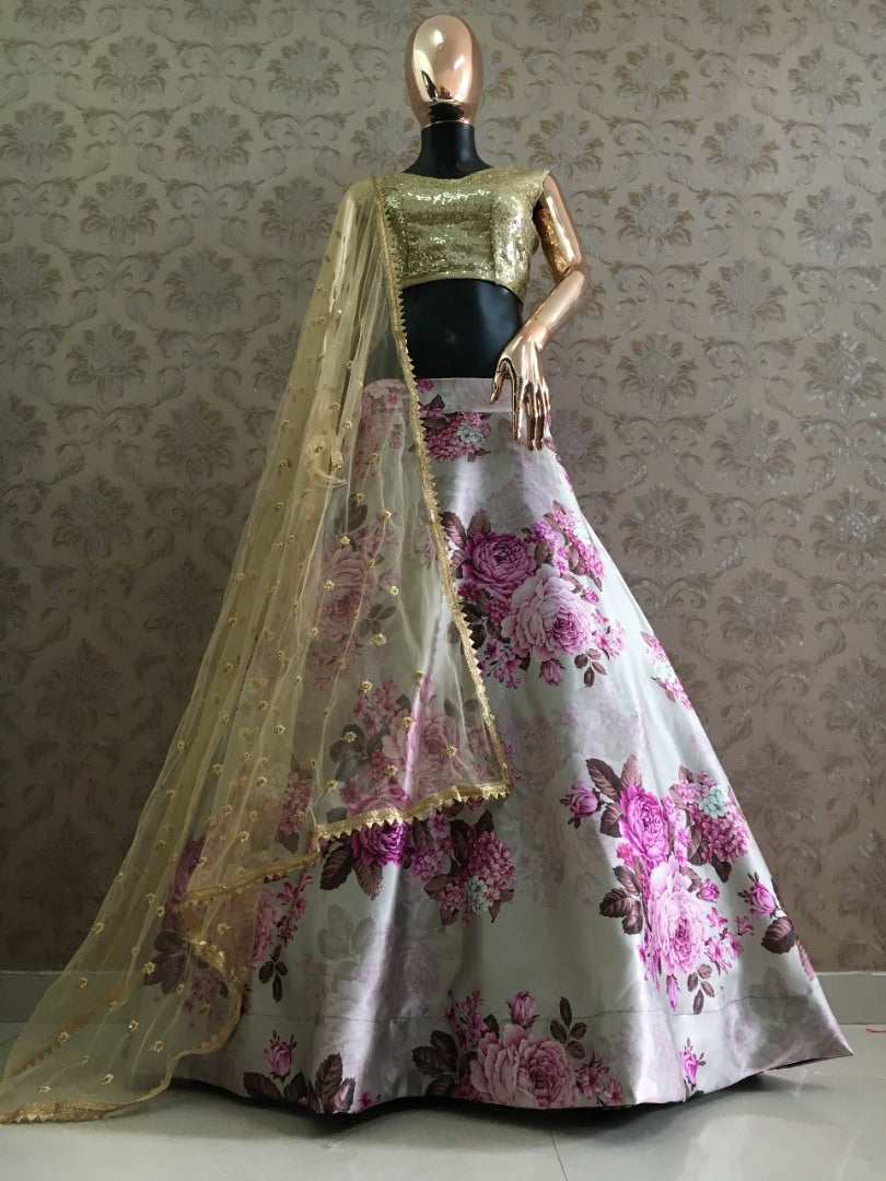 Grey heavy satin floral printed beautiful lehenga choli for ceremony