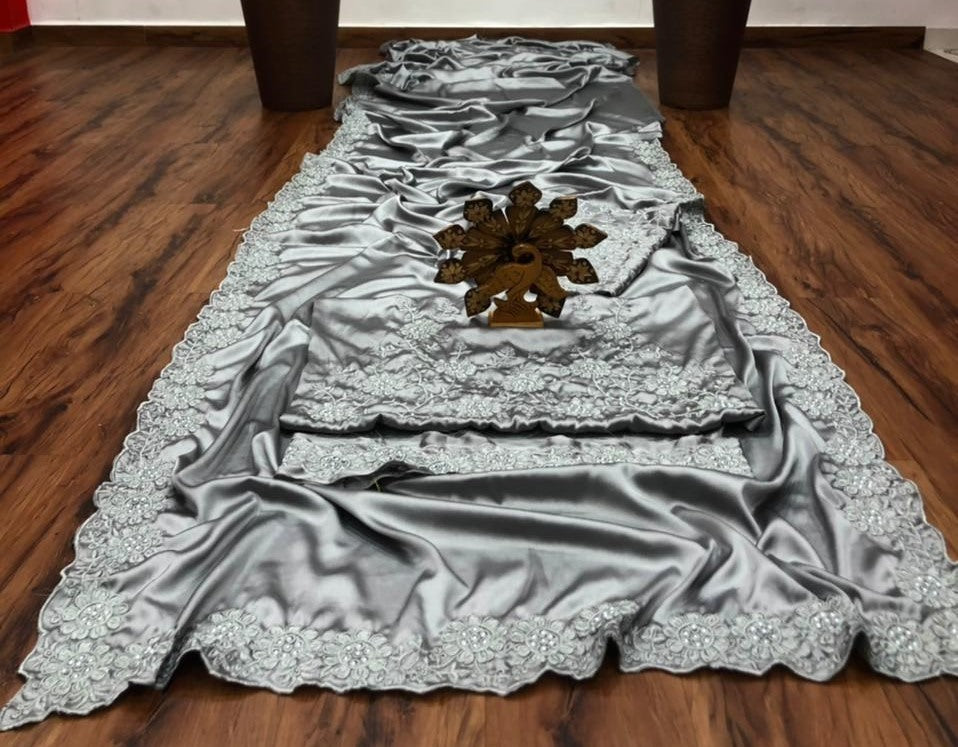 Grey heavy satin silk embroidered partywear saree