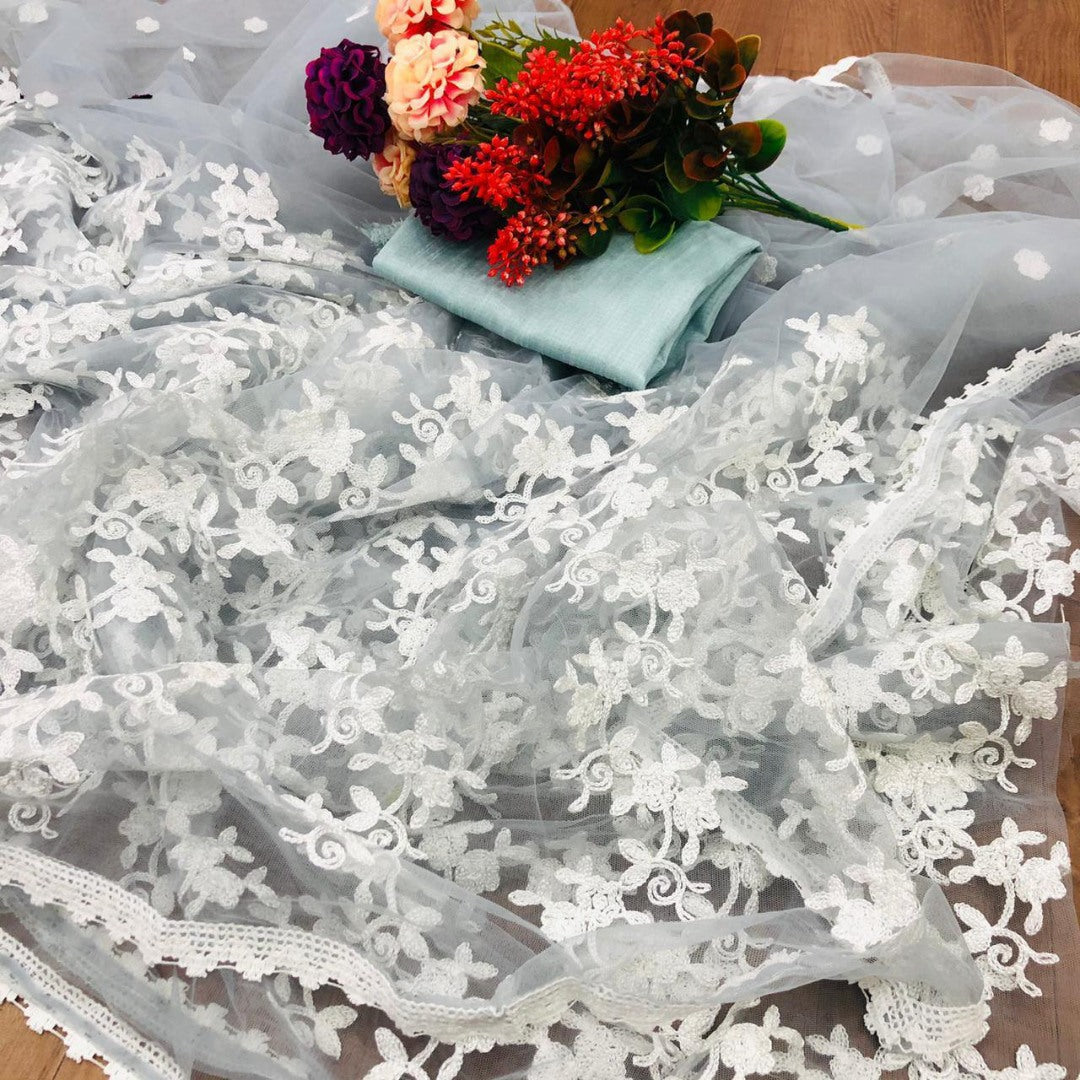 Grey heavy soft net thread work elegant look saree