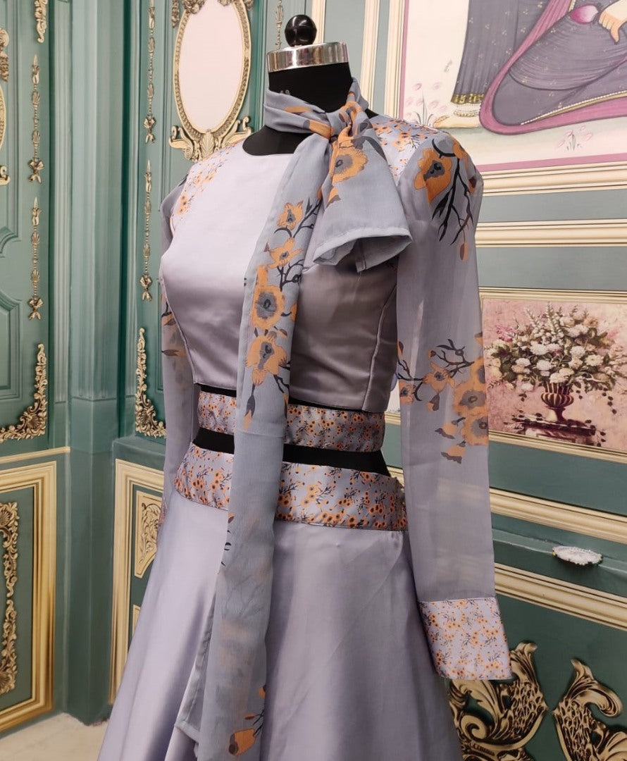 Grey italian silk digital printed gown