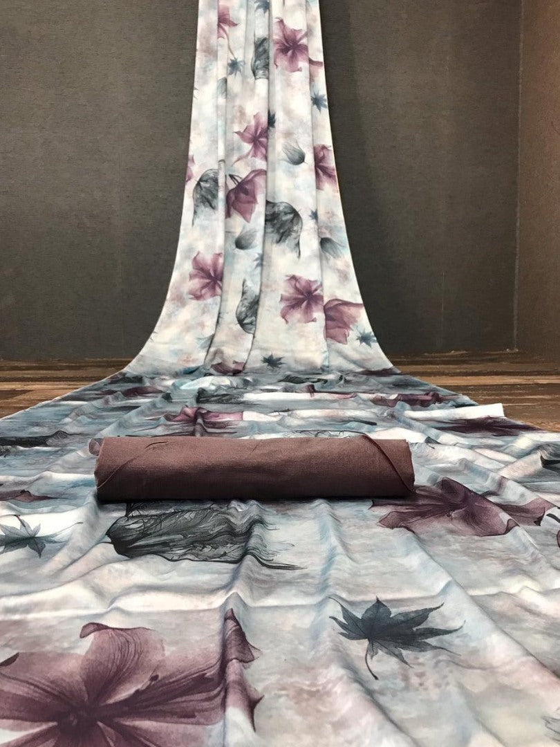 Grey japan satin digital printed work party wear saree