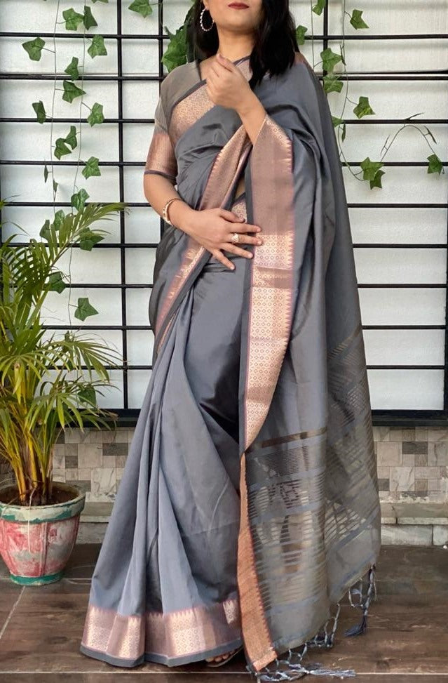 Grey kanjivaram silk jacquard weaving work saree