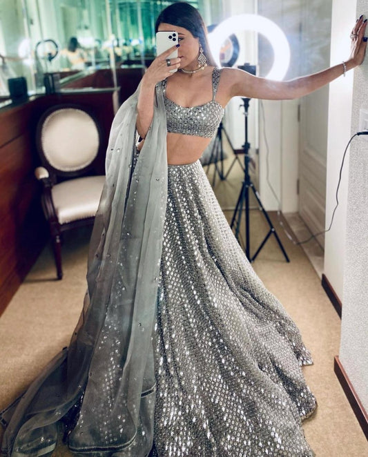 Grey kasturi crepe silk sequence wok wedding lehenga choli