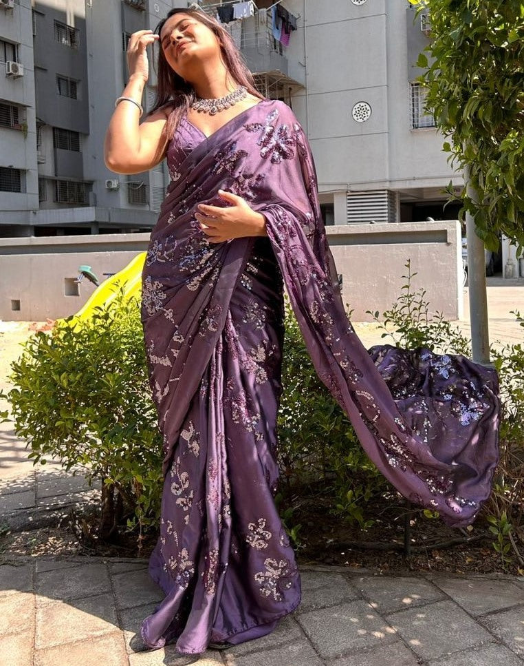Grey kasturi silk heavy embroidery work party wear saree
