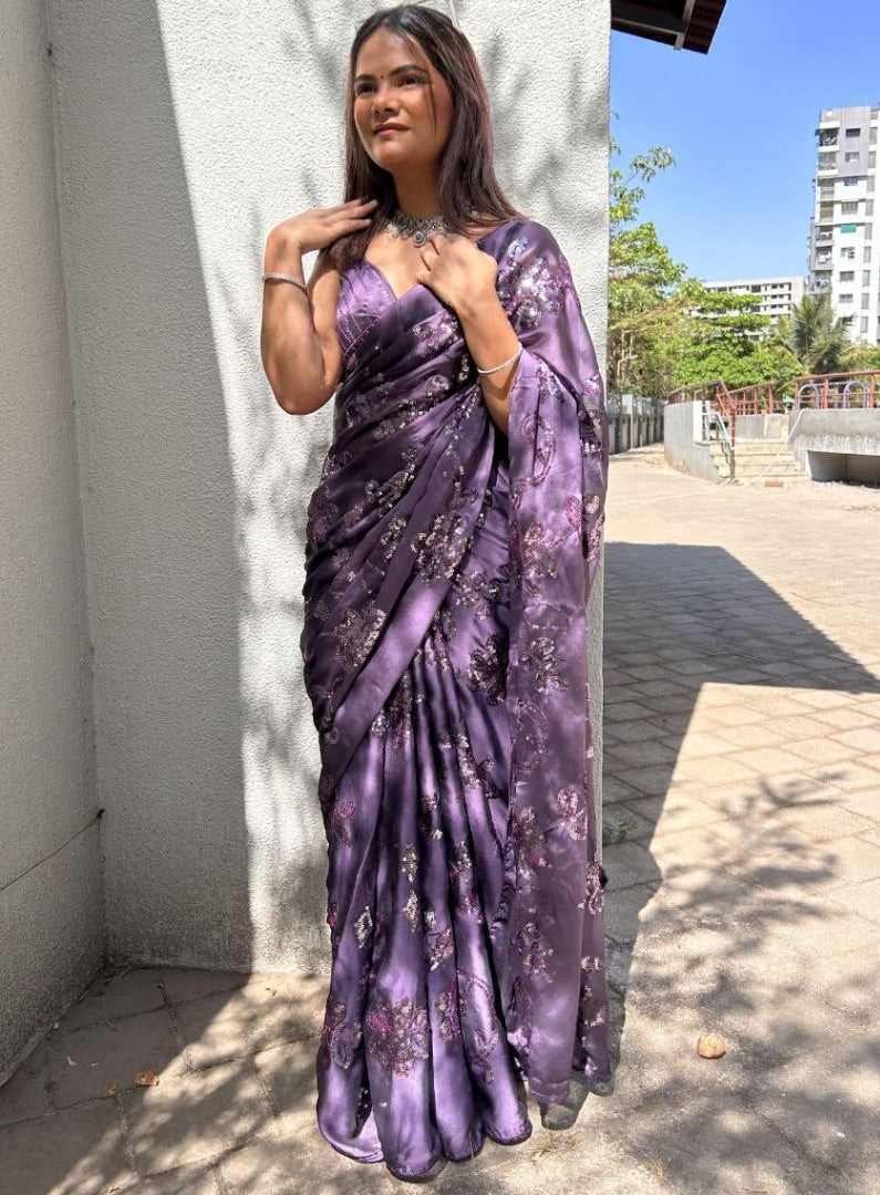 Grey kasturi silk heavy embroidery work party wear saree