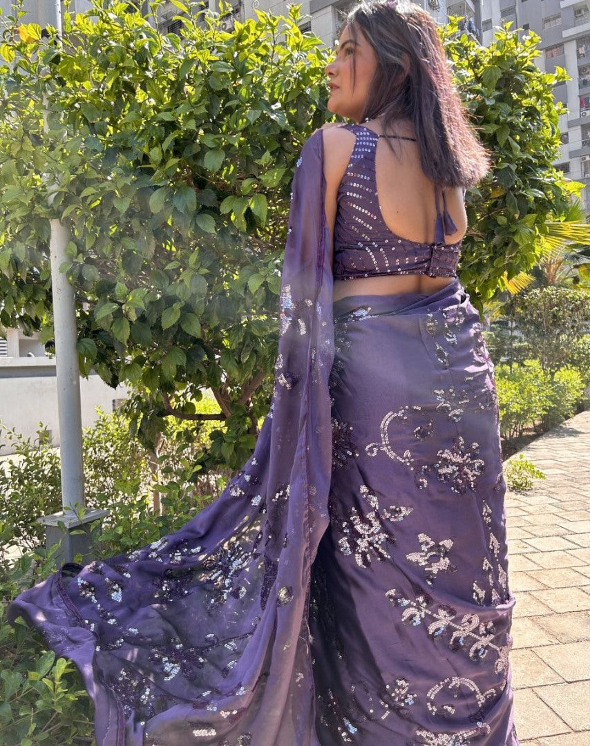 Grey kasturi silk heavy embroidery work party wear saree