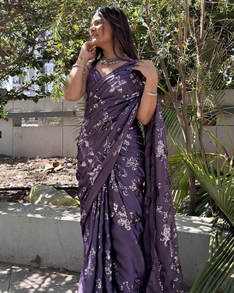 Grey kasturi silk heavy embroidery work party wear saree