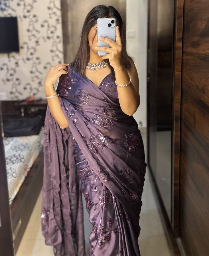 Grey kasturi silk heavy embroidery work party wear saree