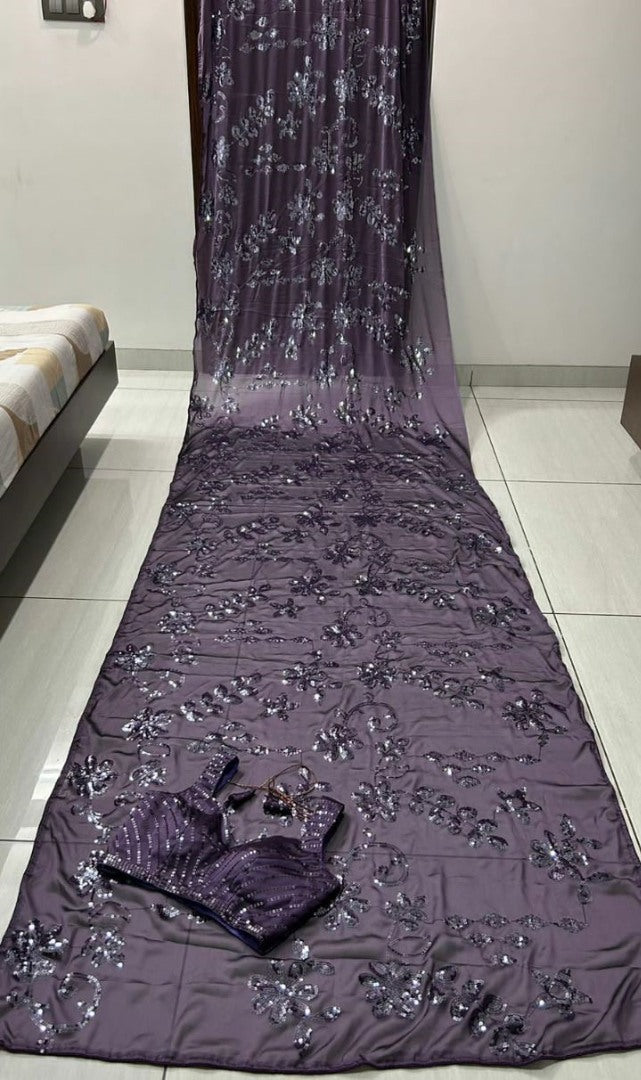 Grey kasturi silk heavy embroidery work party wear saree