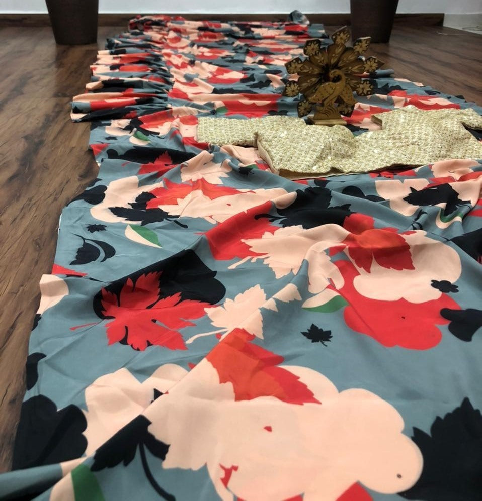 Grey multicolor digital printed saree