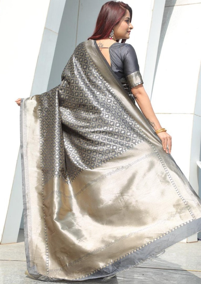 Grey pure lichi silk banarasi jacquard weaving work wedding saree