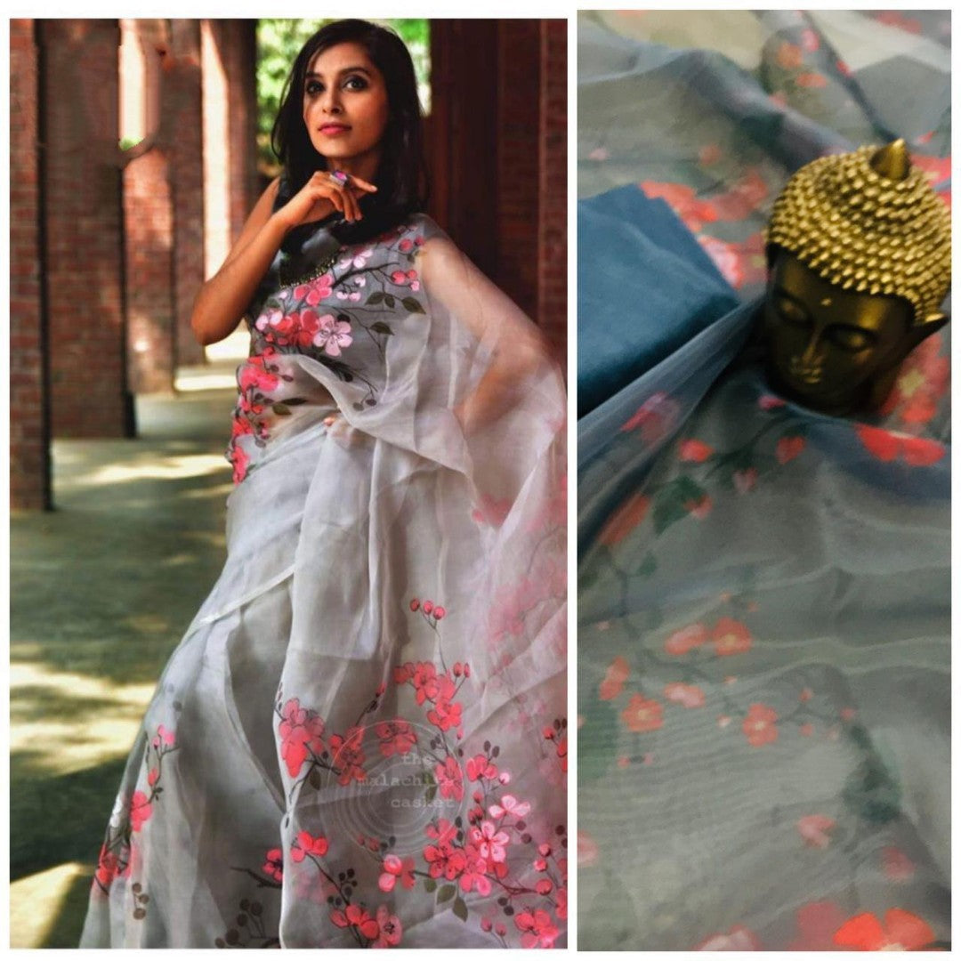 grey pure orgenza net floral digital printed saree