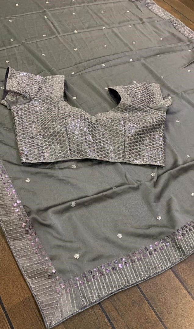 Grey rangoli silk sequence with stone work saree
