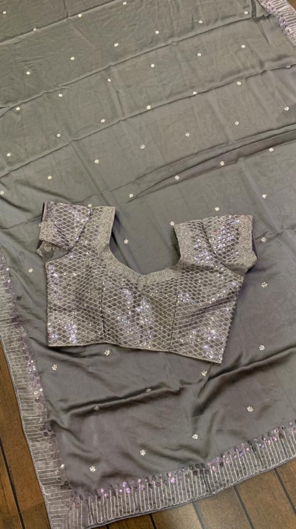 Grey rangoli silk sequence with stone work saree