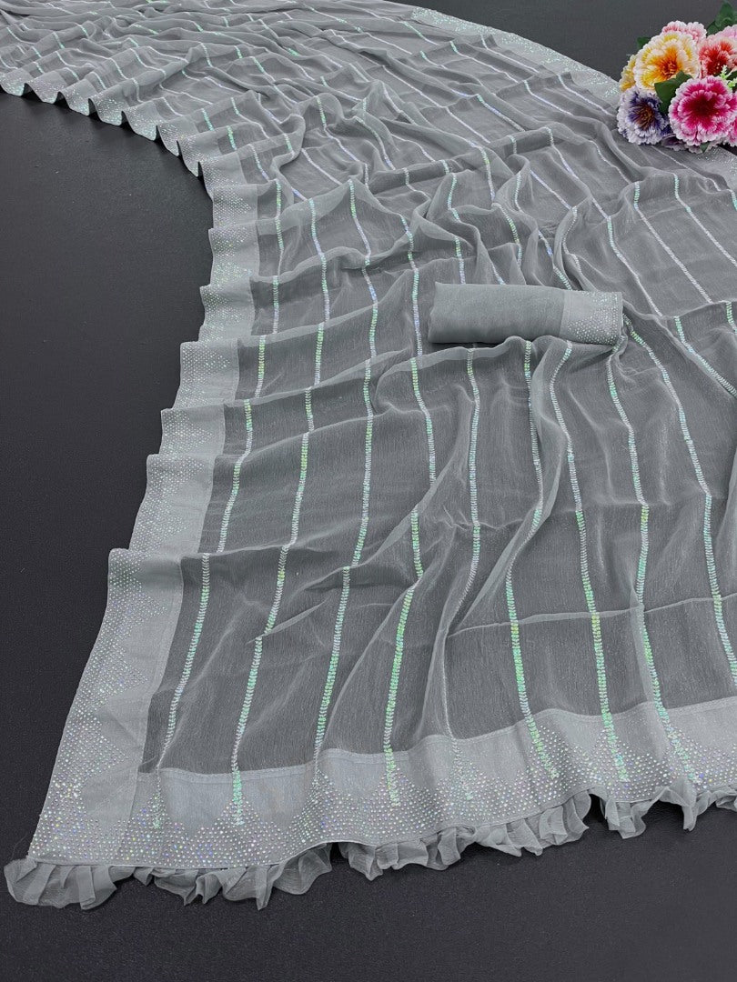 Grey shimmer fancy thread work sequence siroski work saree