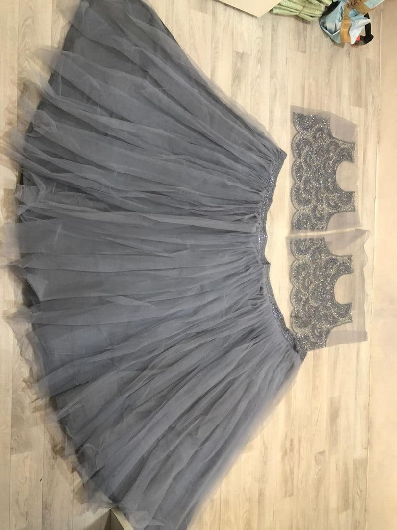 Grey soft net crop top lehenga