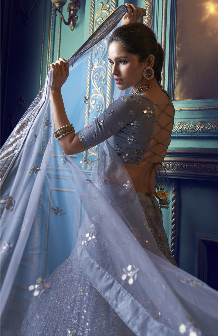 Grey soft net sequence work bridal lehenga choli