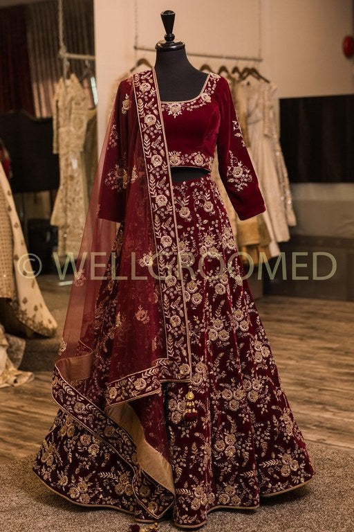 Heavy embroidered malai satin maroon bridal lehenga