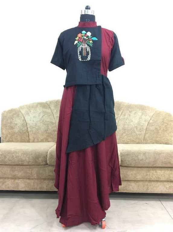 Heavy rayon cotton stylist black and maroon kurti