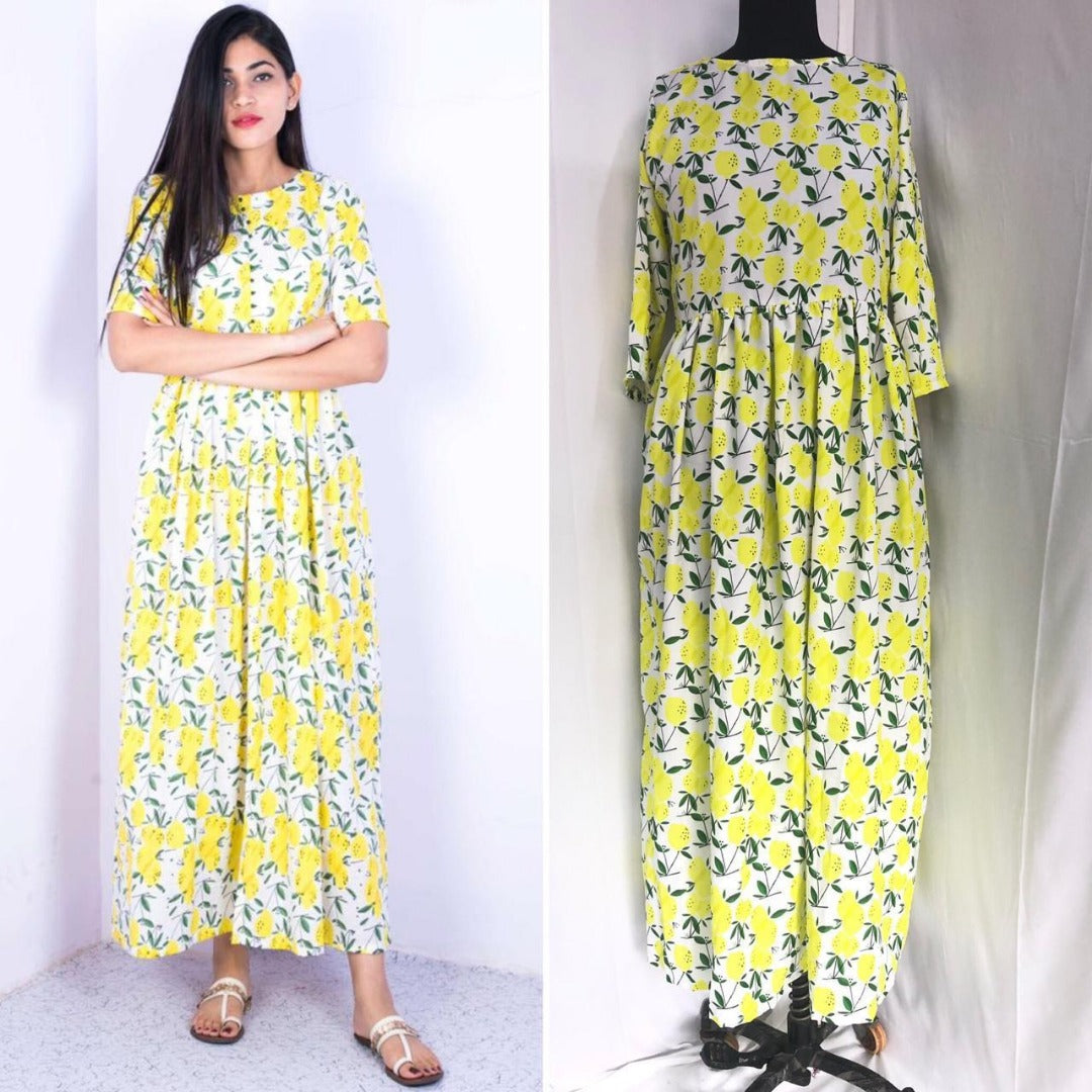 Heavy rayon yellow flower printed casual kurti