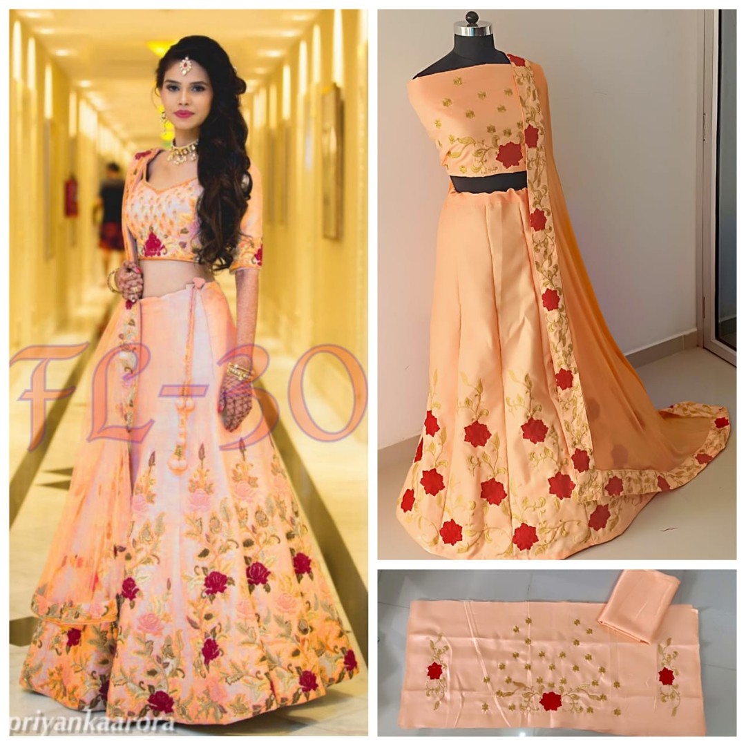 heavy satin banglori silk floral embroidered wedding lehenga
