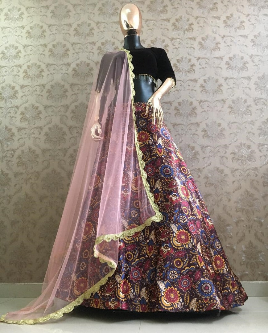 Kalamkari printed zari satin lehenga choli