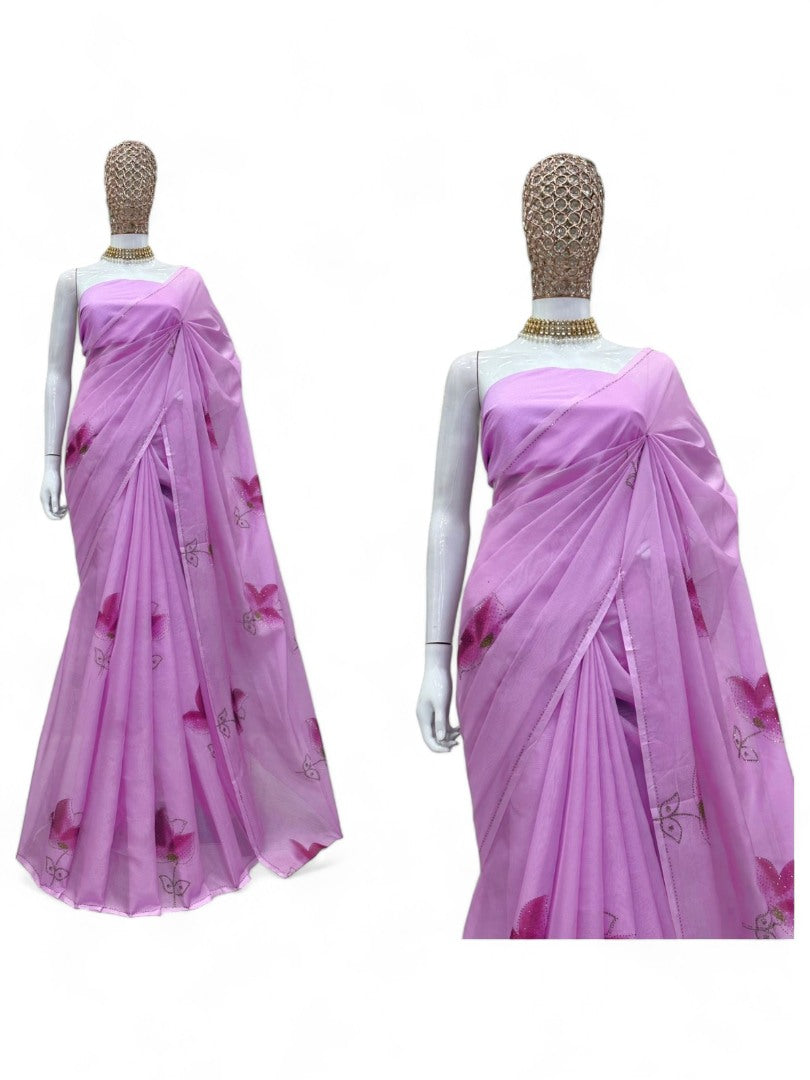 Lavender organza floral print saree