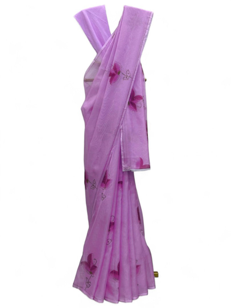 Lavender organza floral print saree