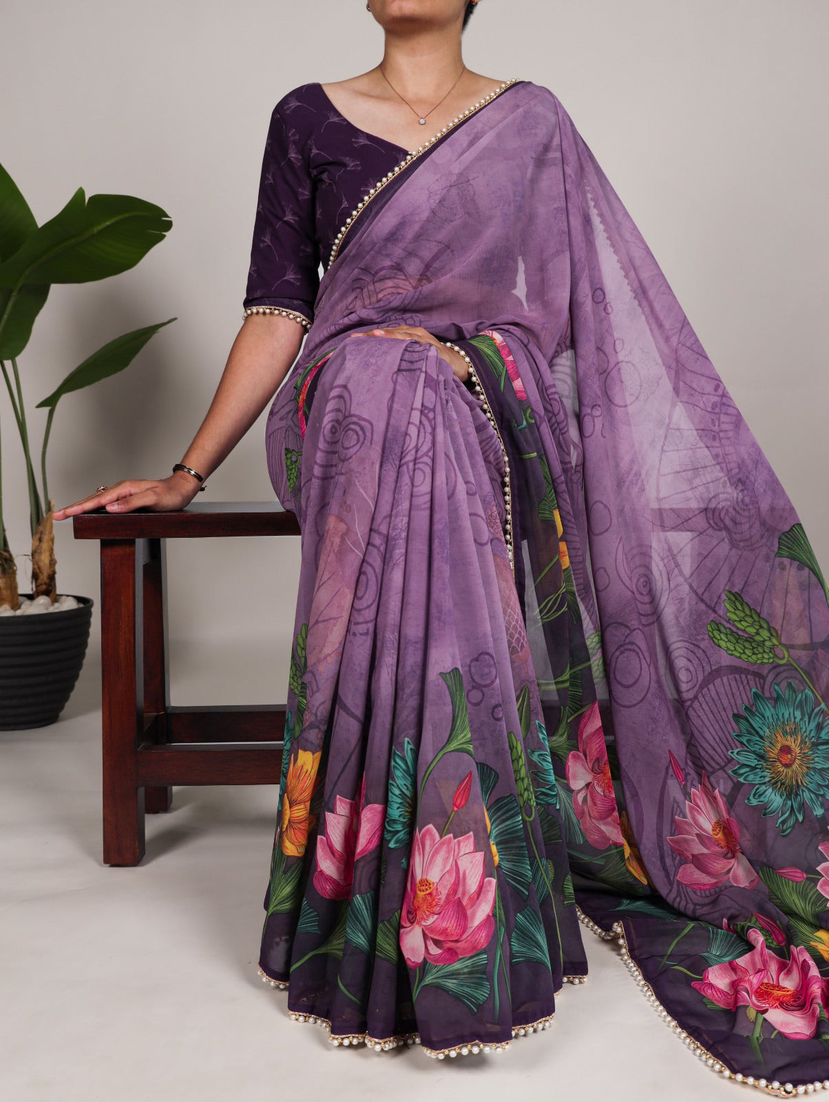 Georgette floral printed pearl lace border stylish saree Purple Free Size