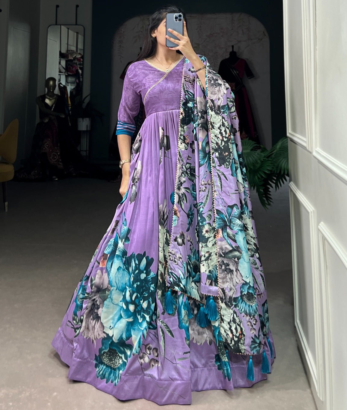 Tussar silk floral printed long stylish gown Lavender Free Size