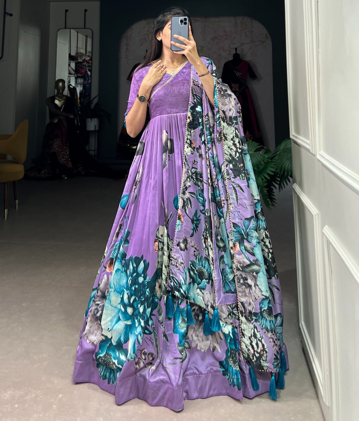 Tussar silk floral printed long stylish gown