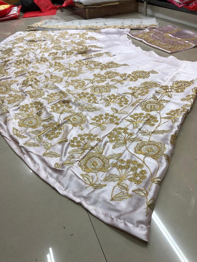 Light baby pink japan satin embroidered wedding lehenga choli