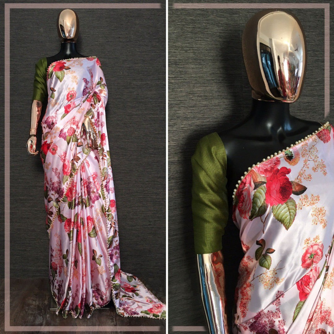 Light baby pink japan satin floral printed pearl border saree