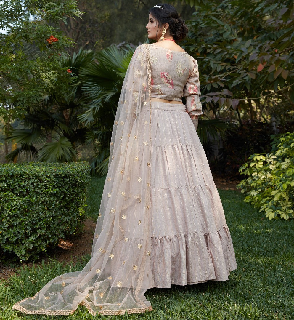 Light beige cotton jacquard weaving party wear lehenga choli
